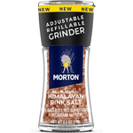 Morton Pink Salt in a clear container, showing coarse pink crystals for culinary and seasoning uses.