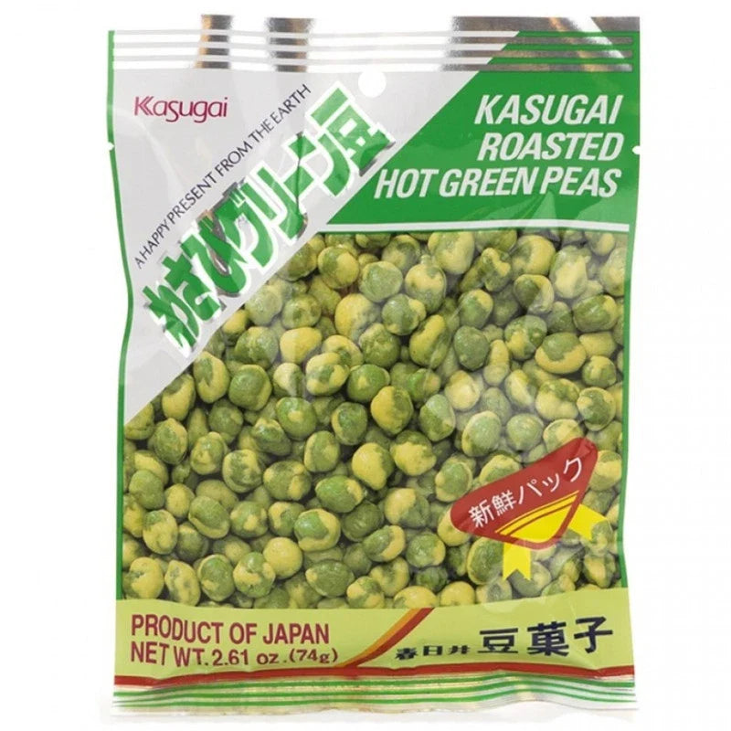 KASUGAI roasted hot green peas in 67g bag, crispy dry grocery snack with spicy flavor and green peas visible in the image.