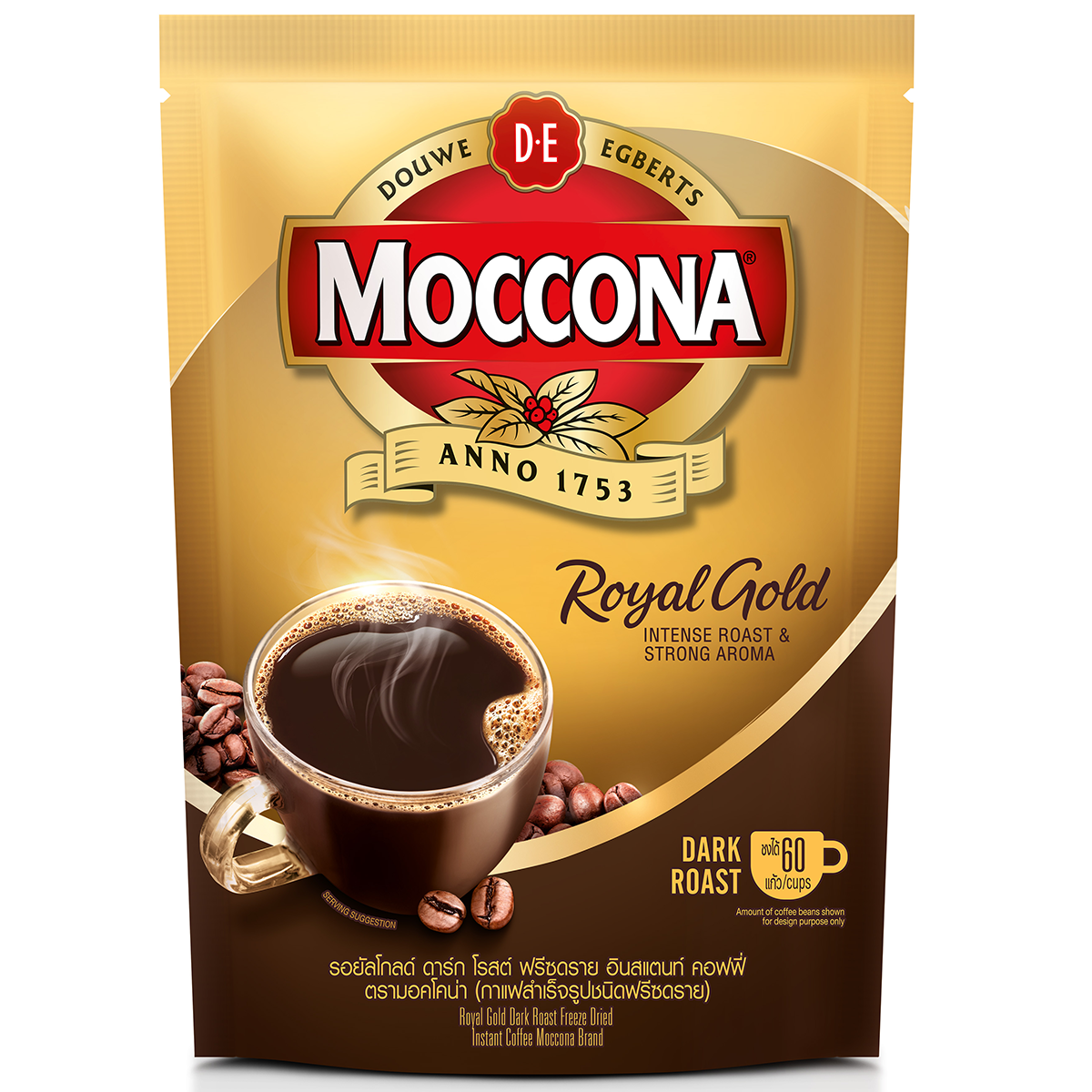 Moccona Dark Roasted coffee drink in a glass mug with a dark coffee color and a frothy top, showcasing rich, bold flavor.