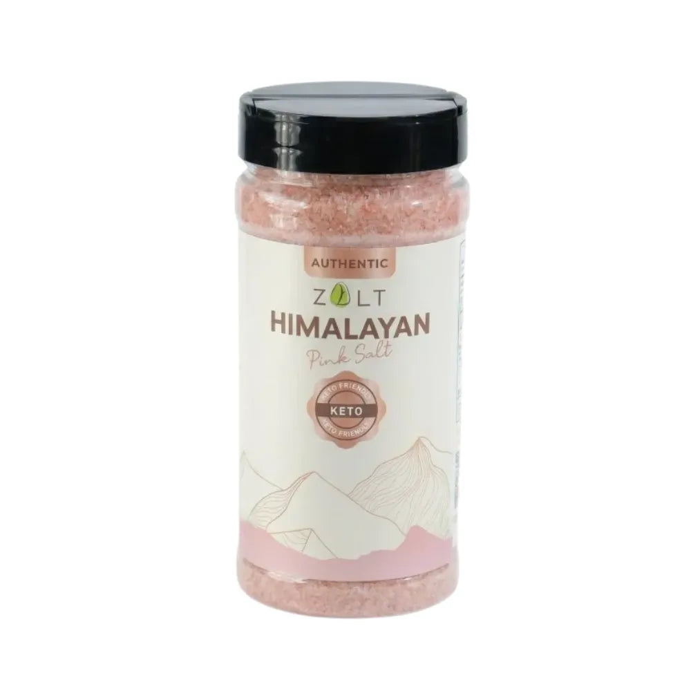 Zalt Himalayan Pink Salt in a clear container with certification label, dry grocery product for cooking and seasoning.