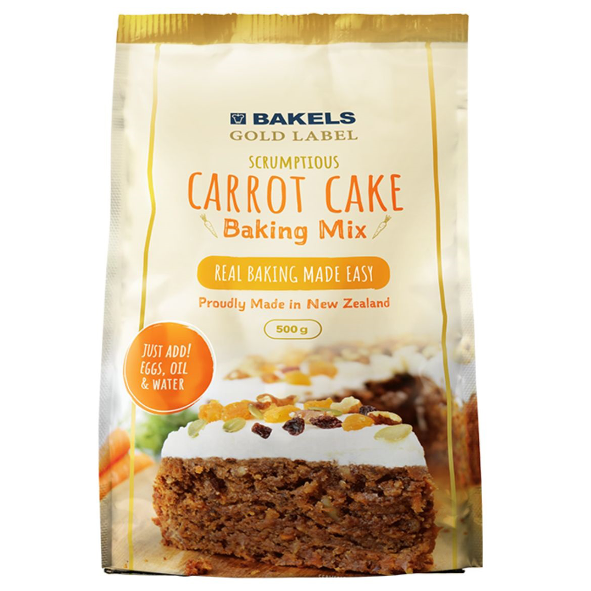 Bakels Carrot Cake Mix in a package, ready for baking, featuring vibrant carrot imagery on the label.