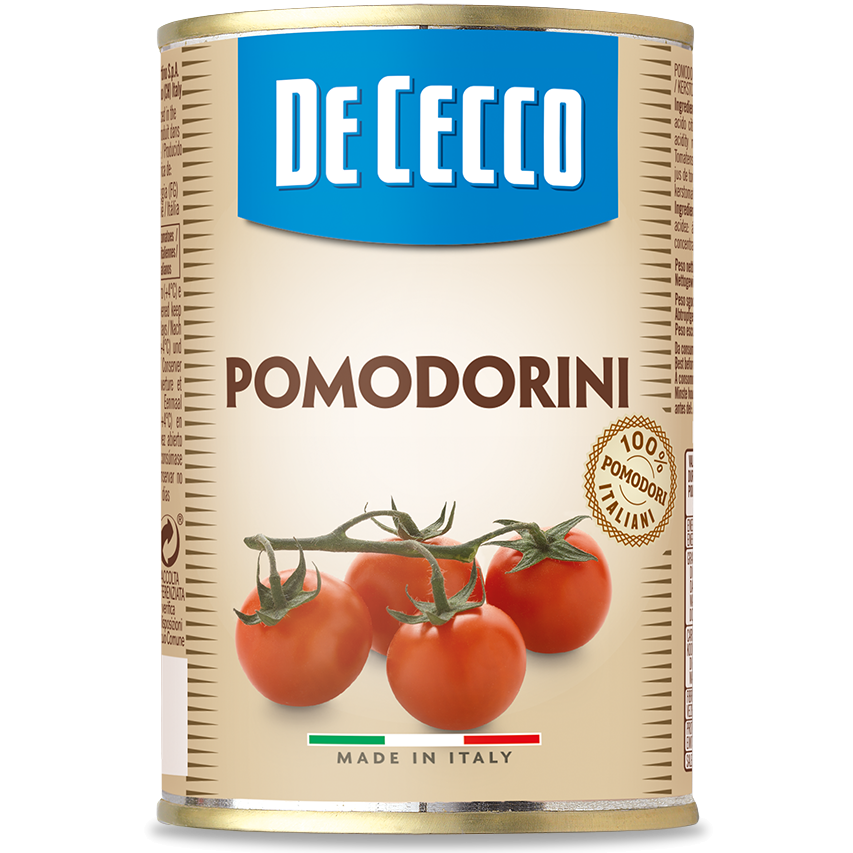 De Cecco Pomodorini cherry tomatoes in a grocery package, fresh and ripe with vibrant red color.