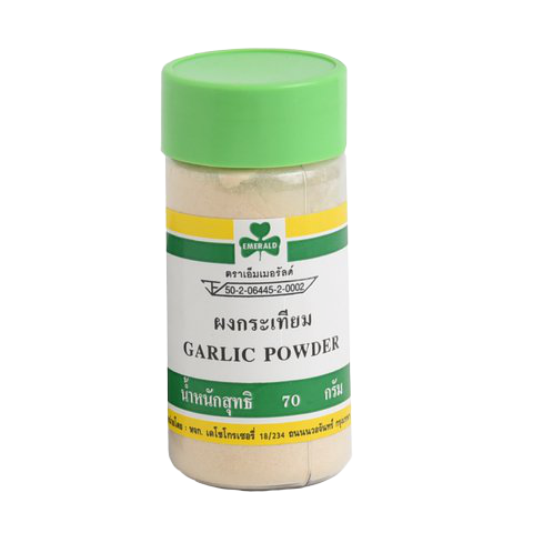 Emerald brand garlic powder in a clear container, showcasing fine greenish garlic granules for cooking and seasoning.