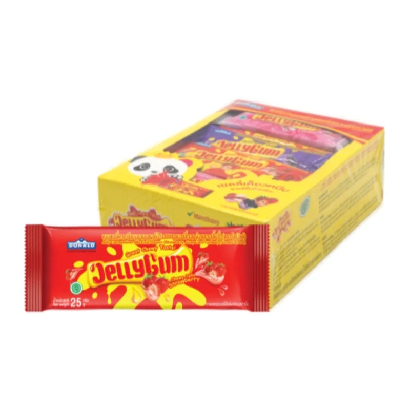Donald Jelly Mix Fruit 25g snack pack, colorful dried fruit candies in a clear plastic bag, ideal for dry grocery and confectionery.