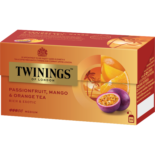 Twinings Passion Mango Tea drink in a clear glass, showcasing vibrant orange and yellow mango flavor with a refreshing appearance.