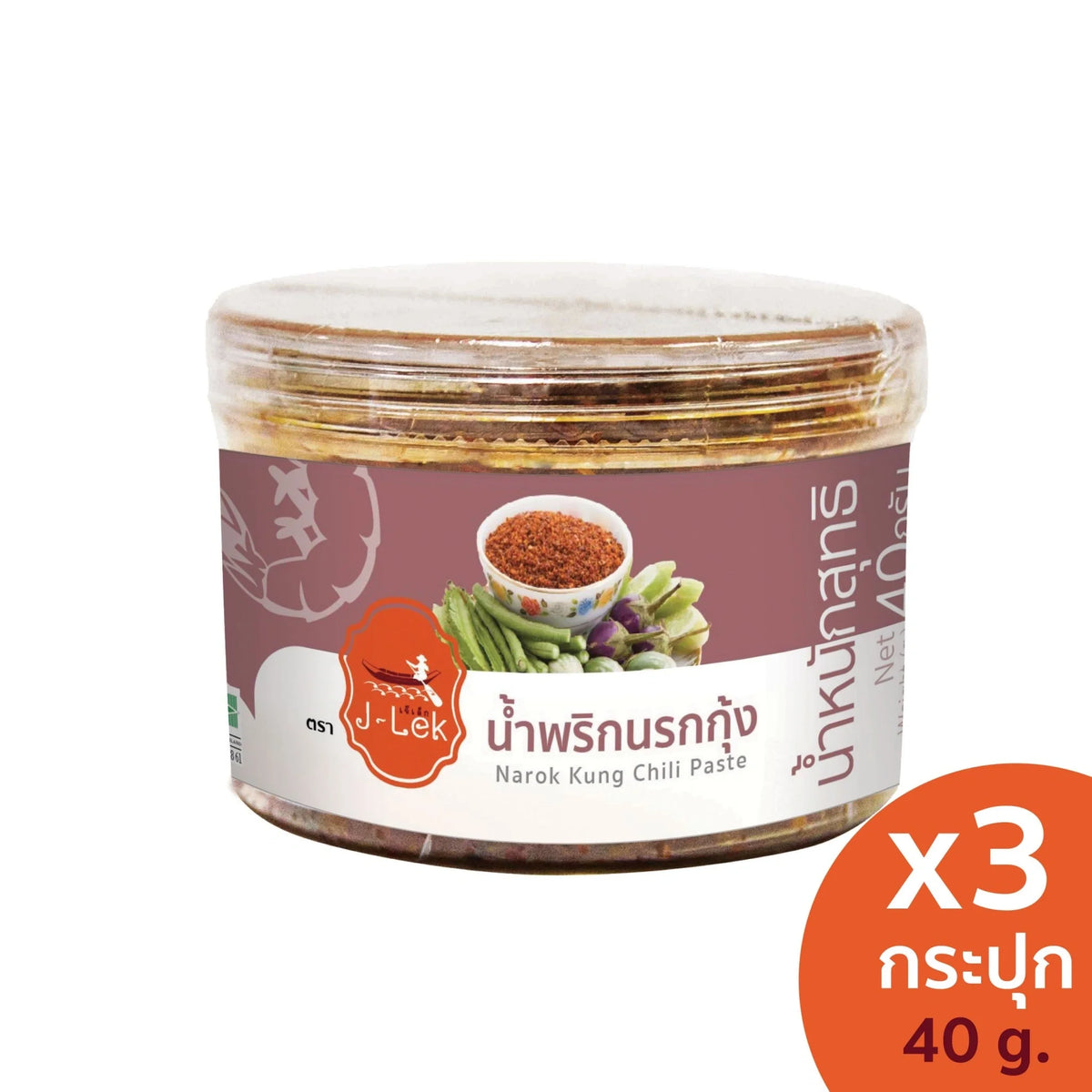 J-LEK Jae Lek Shrimp Chili Paste in a 40g plastic jar, dry grocery product with vibrant red chili and shrimp ingredients.