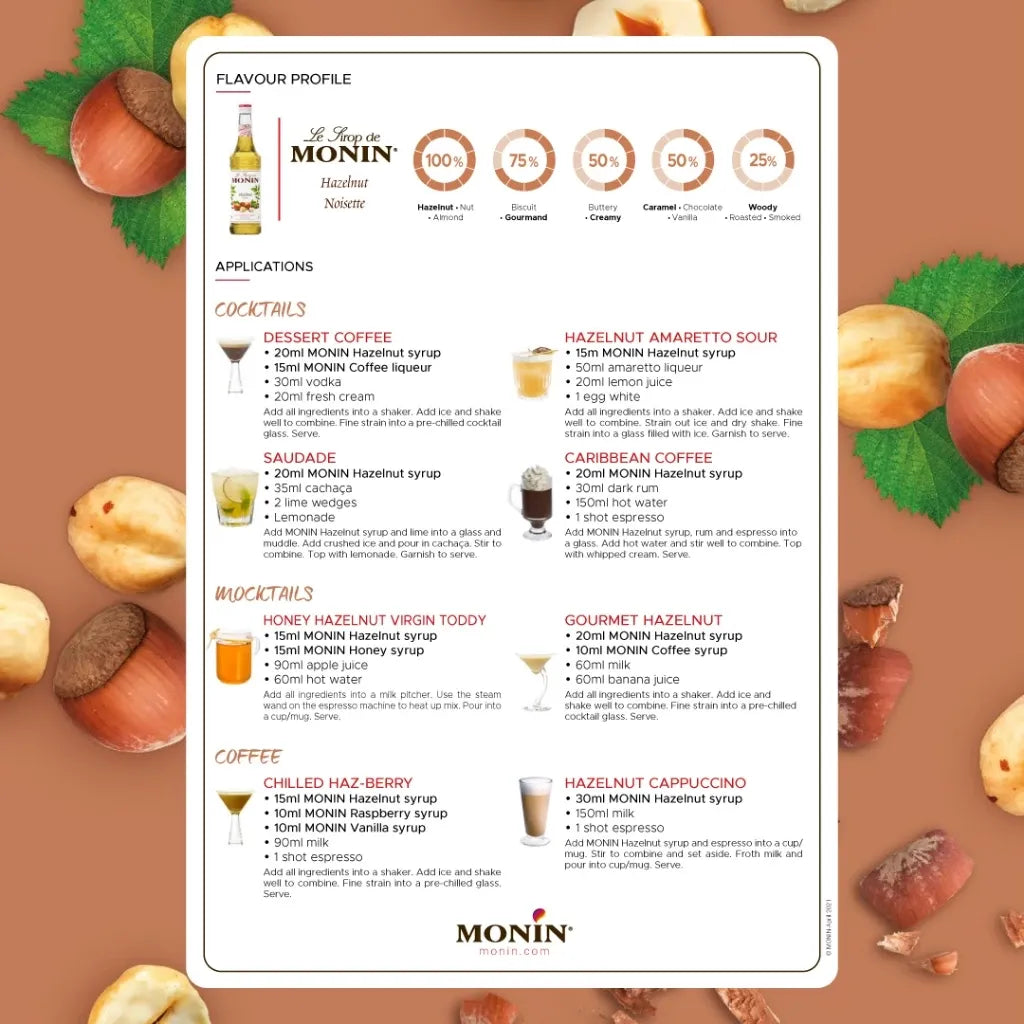 Monin Hazelnut Syrup 700ml bottle, ideal for coffee and desserts, with clear label and dark amber color.