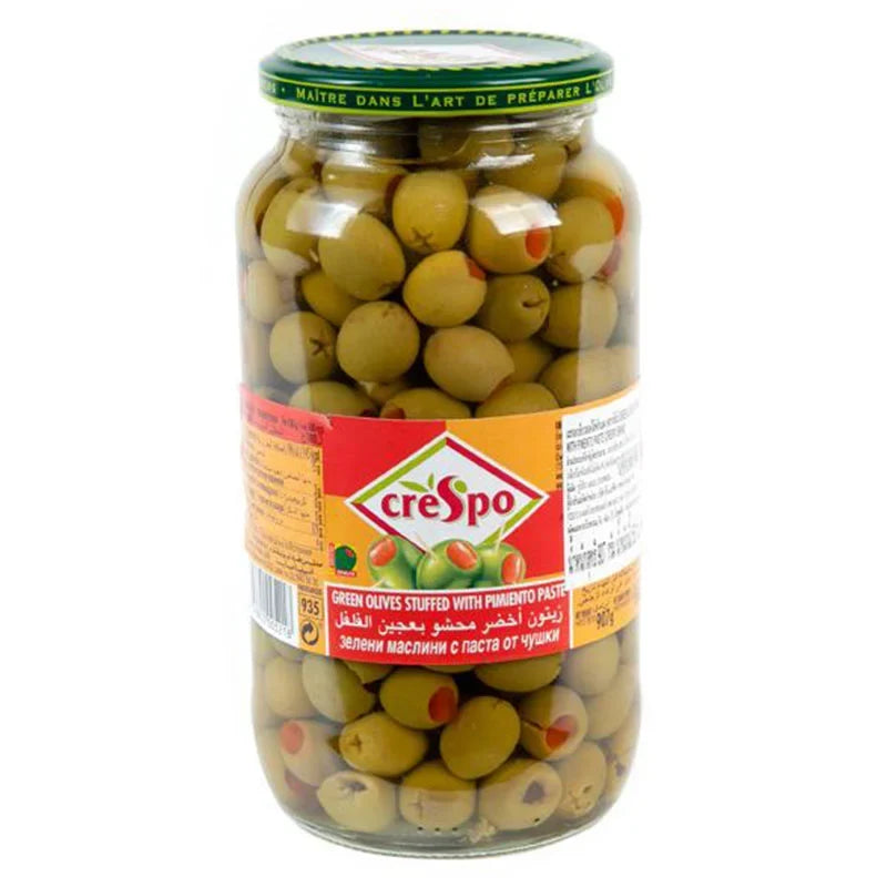 CRESPO Crespo Green Olives Stuffed with pimientos in a 907g dry grocery package, ready to enjoy in dishes or as a snack.
