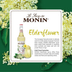 Monin Elder Flower Syrup 700ml bottle, ideal for dry grocery use, with a clear label and a dark liquid inside.
