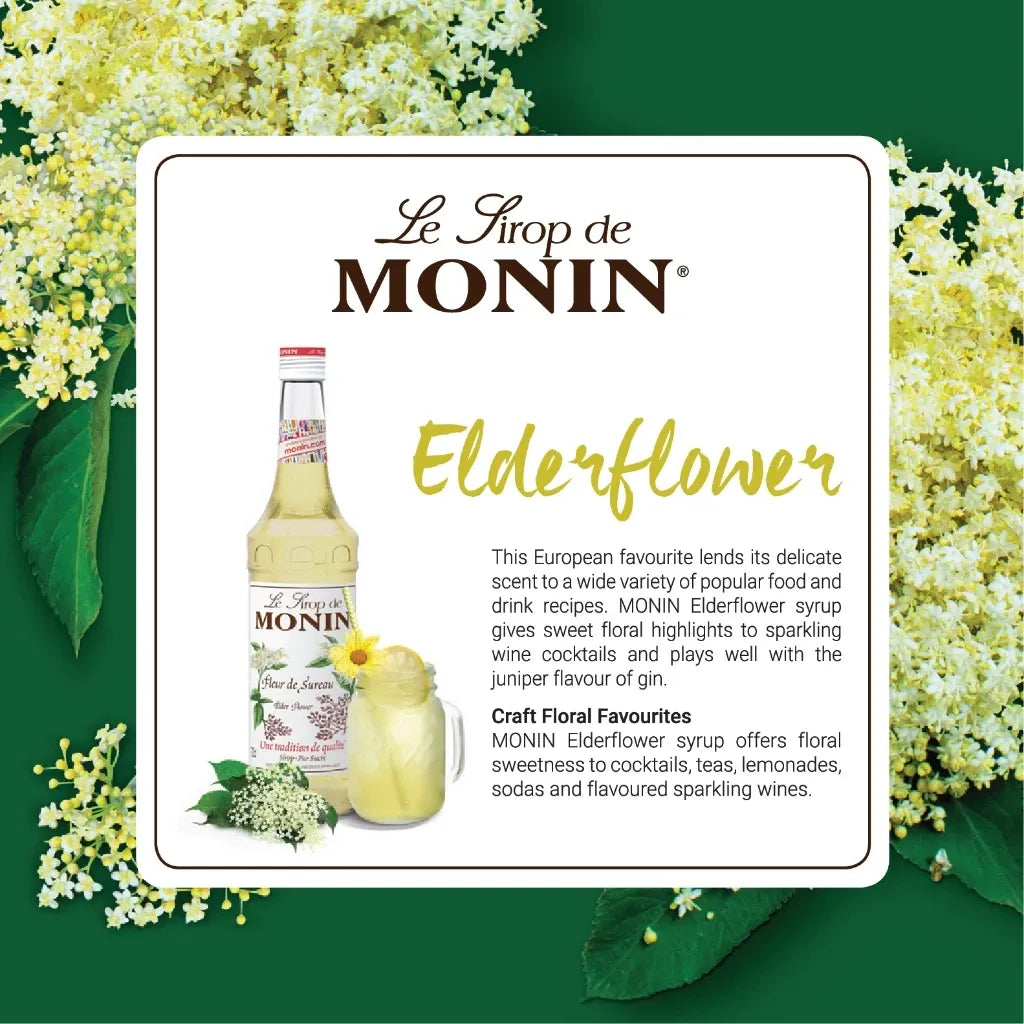 Monin Elder Flower Syrup 700ml bottle, ideal for dry grocery use, with a clear label and a dark liquid inside.