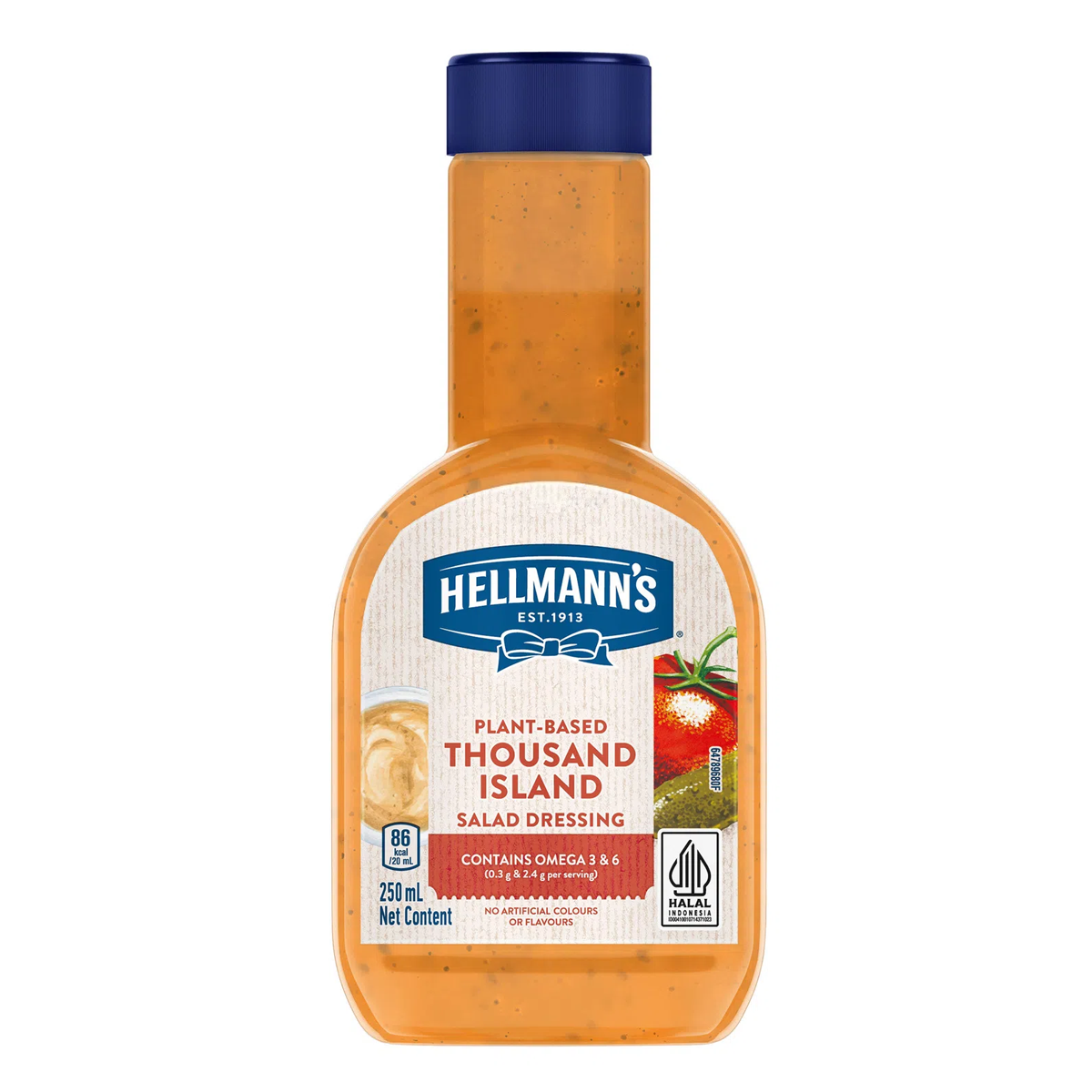 Hellmann's plant-based Thousand Island dressing in a bottle, ideal for salads and sandwiches, showcasing the product label.