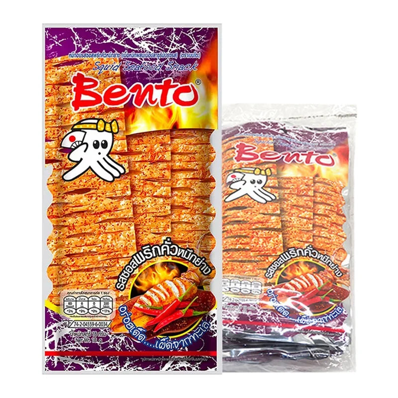 BENTO Bento Roast Squid Chili snacks in a clear package, showing grilled squid pieces with chili seasoning, 18g x 6 packs.