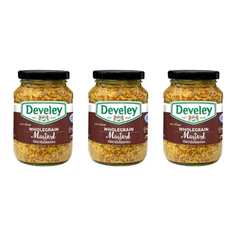 Develey Wholegrain Mustard in a 320g bottle, featuring textured mustard seeds in a clear plastic bottle.
