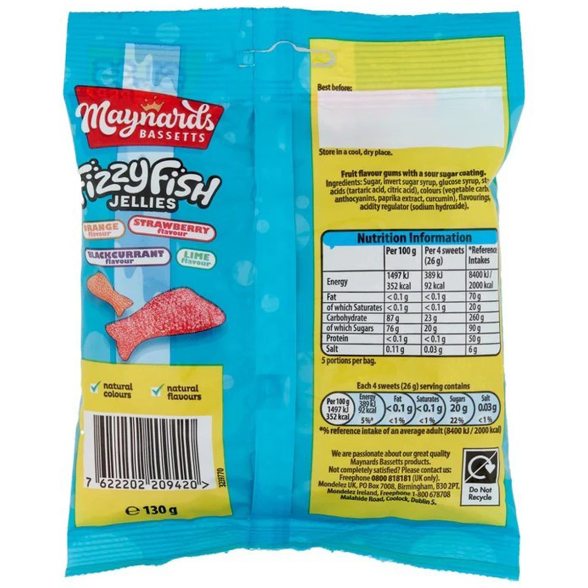 Maynards Bassetts Fizzy Fish Jellies, colorful confectionery snacks with fizzy sugar coating, in various fish shapes.