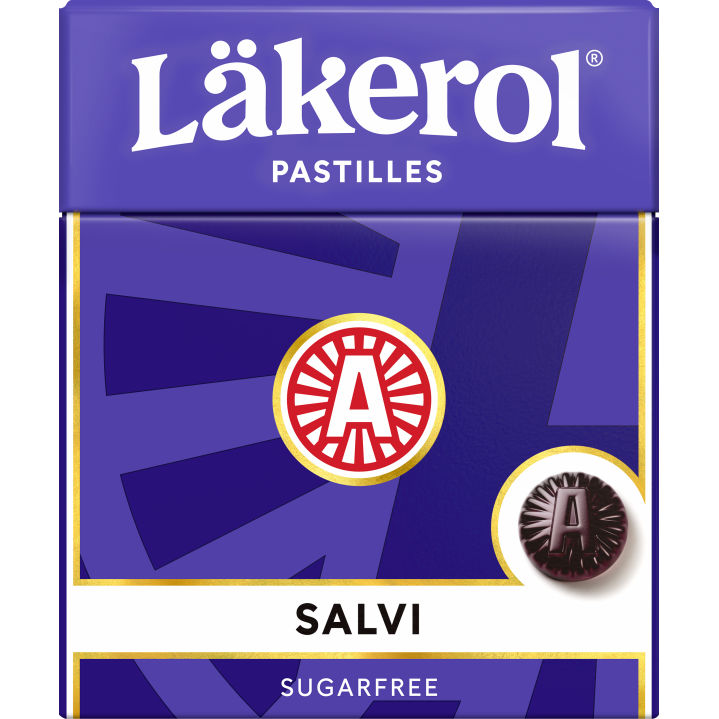 Lakerol Sugar Free Salvi confectionery snack in a colorful package with lemon flavor and mint flavor options.