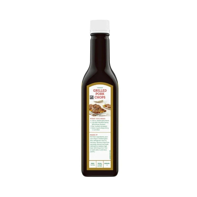 Kraft Heinz A1 Steak Sauce with tomato puree in a glass bottle, suitable for dry grocery use.