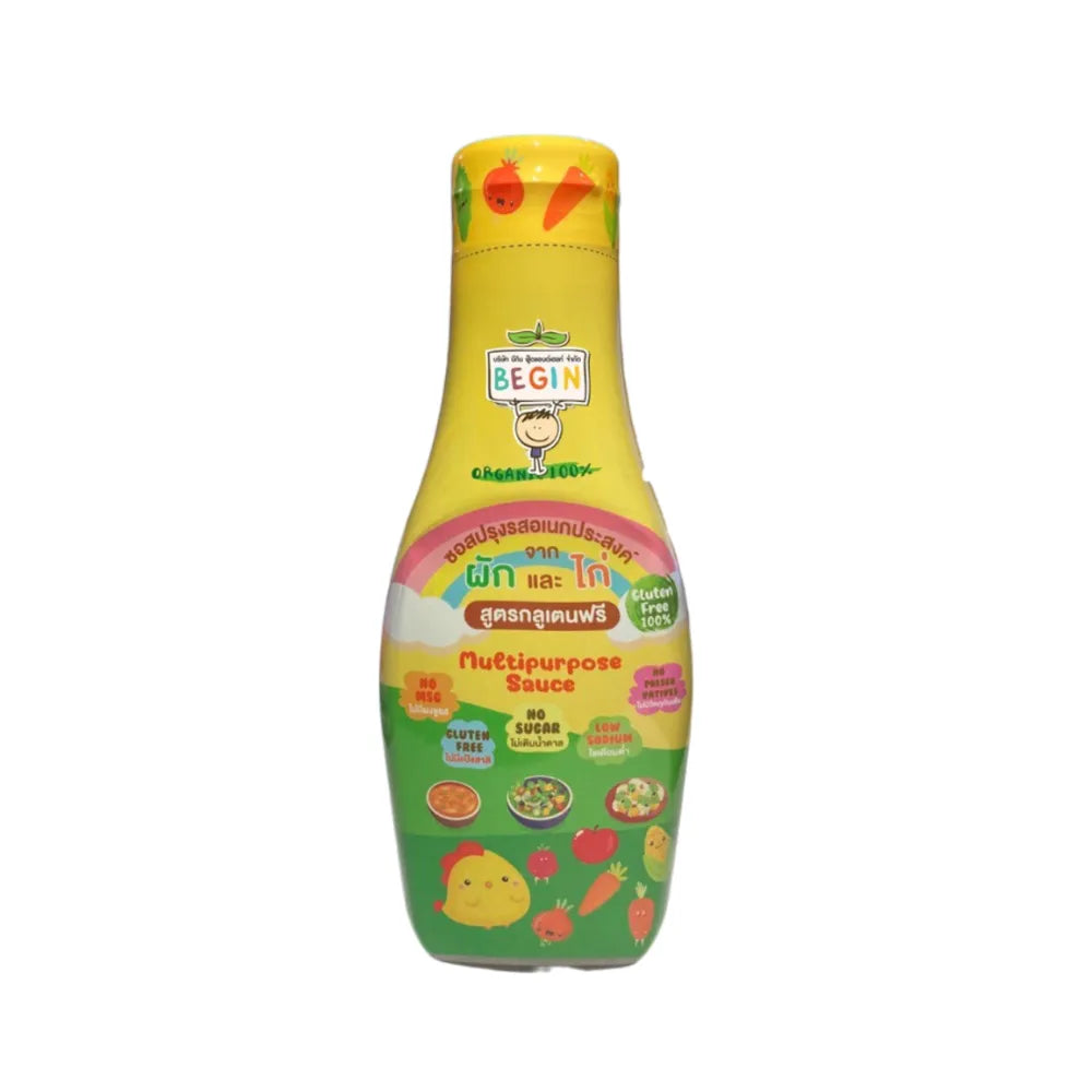 Begin Baby Seasoning Sauce 210g dry grocery product in a clear jar with label, ideal for adding flavor to baby food.