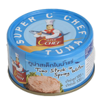 Canned Super C Chef Tuna Steak in water, ready to eat, displayed in a can with label visible.