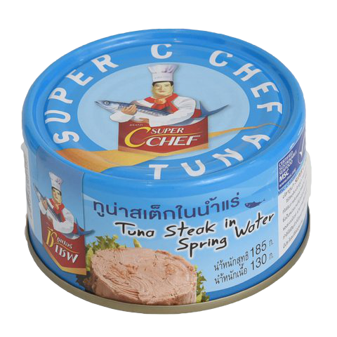 Canned Super C Chef Tuna Steak in water, ready to eat, displayed in a can with label visible.