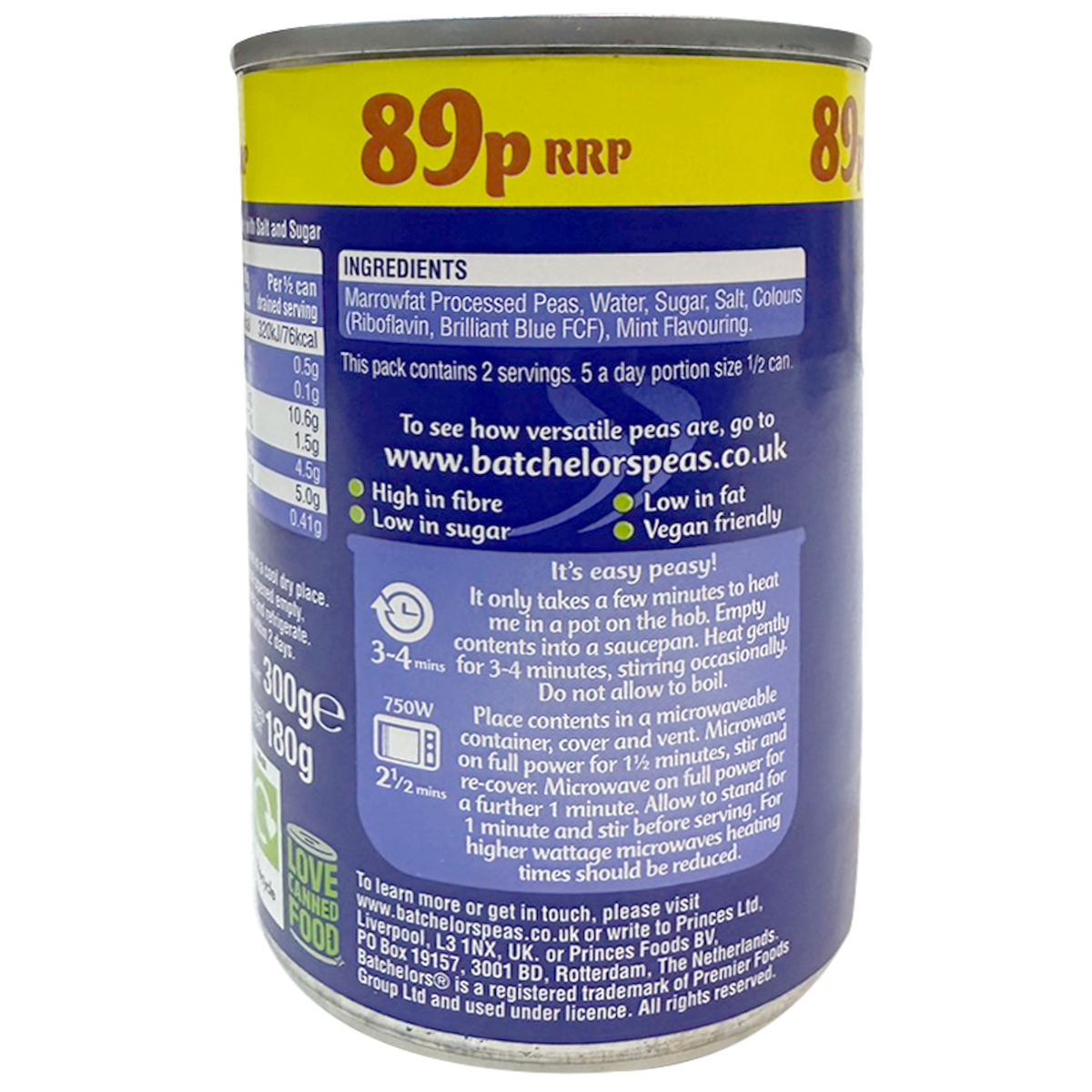 Can of Batchelors Bigga Peas, canned green peas in a labeled tin, ready for cooking or serving in a grocery setting.