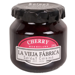 Jar of La Vieja Fabrica Cherry Jam with a label, showing the red cherry jam inside the glass container.