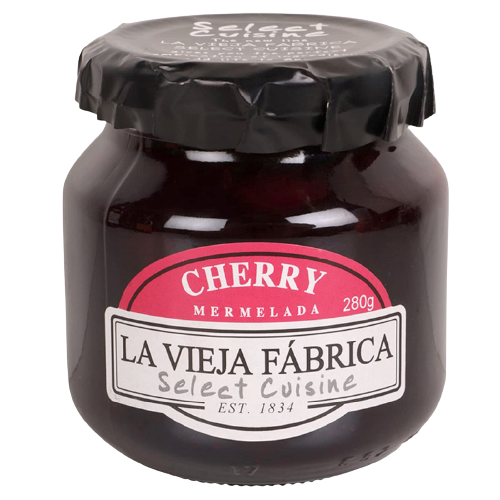 Jar of La Vieja Fabrica Cherry Jam with a label, showing the red cherry jam inside the glass container.