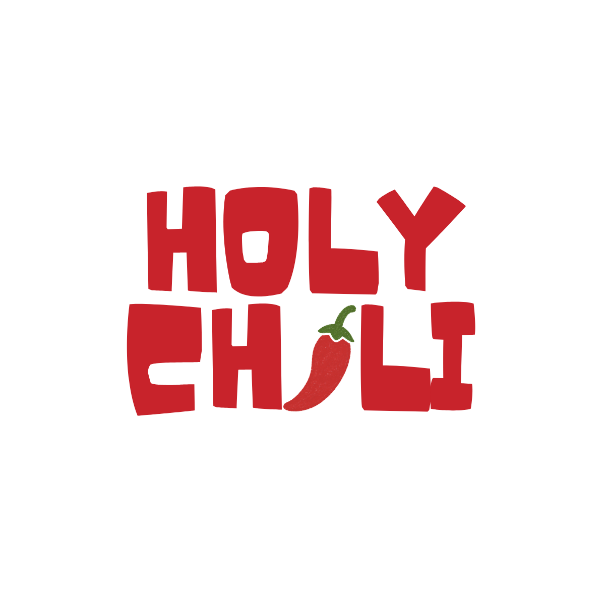 A graphic logo reading 'HOLY CHILI' in bold red letters on a plain white background, with a small red chili pepper and green stem integrated into the design.
