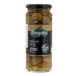 A bowl of Fragata Spanish pitted olives on a white plate, showcasing shiny, green olives ready to eat.