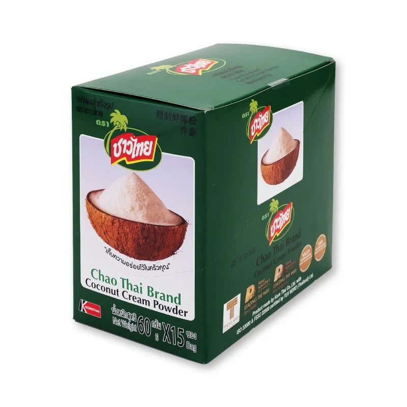 Chao Thai Coconut Cream Powder 60g in a clear container, showing the fine white dry coconut cream powder.