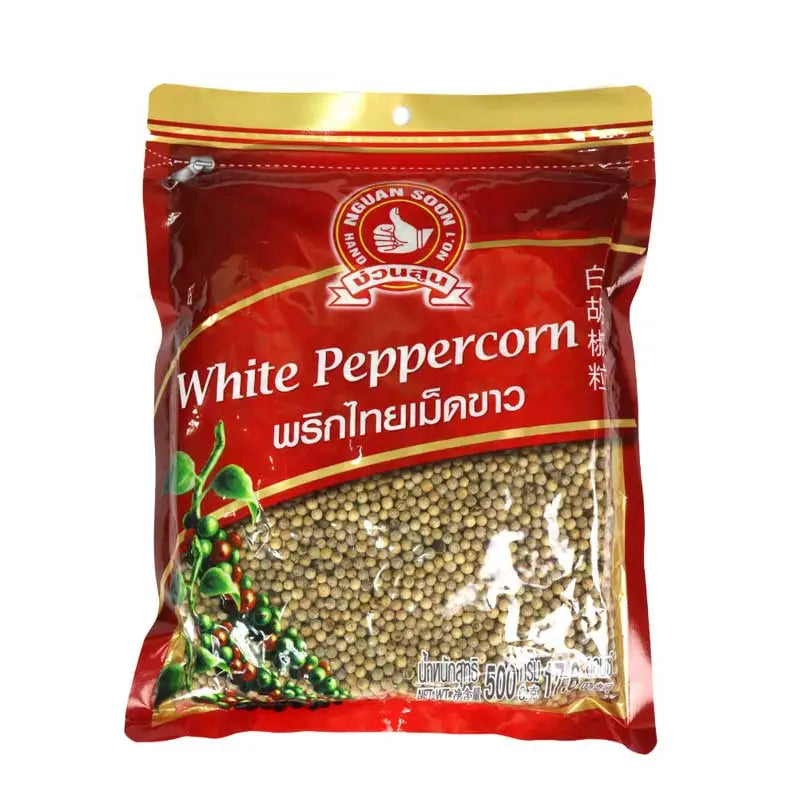 No.1 Hand Brand white peppercorns in a 500g bag, dry grocery product, showing white peppercorns spilling from the bag.