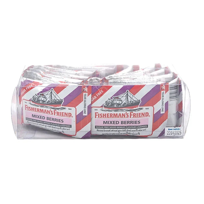 Fisherman's Friend sugar-free lozenges with mixed berry flavor in a pack of 12, soft confectionery for soothing throat relief.