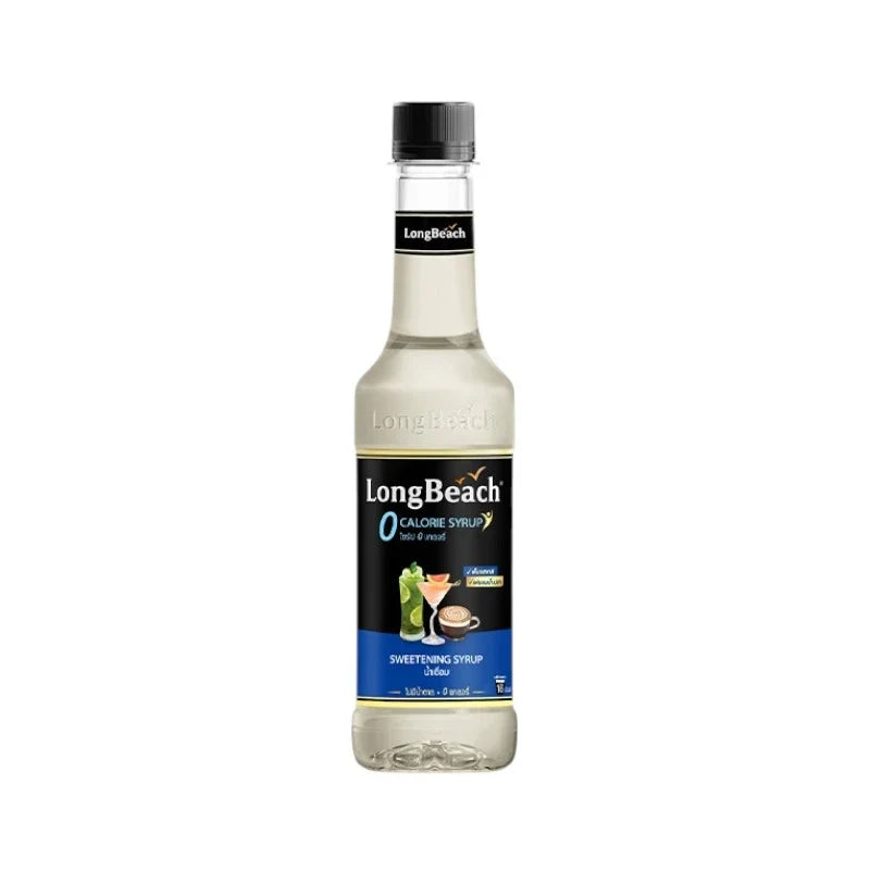 LongBeach Zero Calories Sweetening Syrup in a clear bottle with a white cap, suitable for adding sweetness to beverages and foods.
