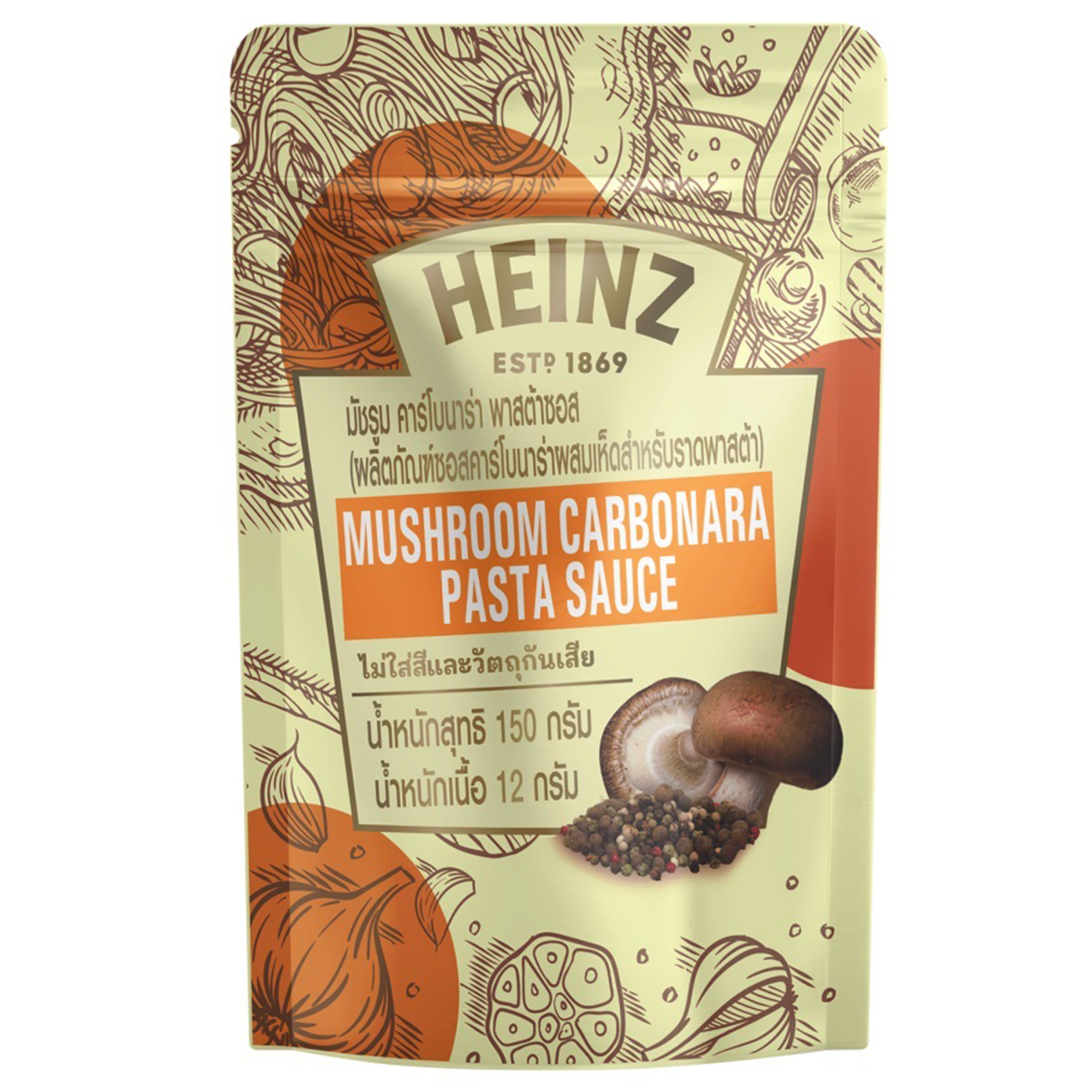 Heinz Mushroom Carbonara Pasta Sauce jar with label showing creamy mushroom and pasta ingredients, placed on a white background.