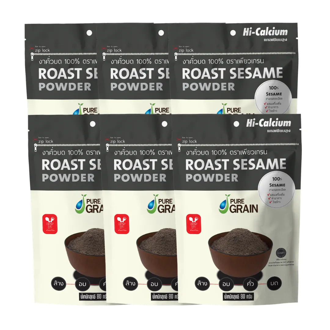 Pure Grain 100% Ground Roasted Sesame in a 80g package, dry grocery product with toasted sesame seeds on the packaging.