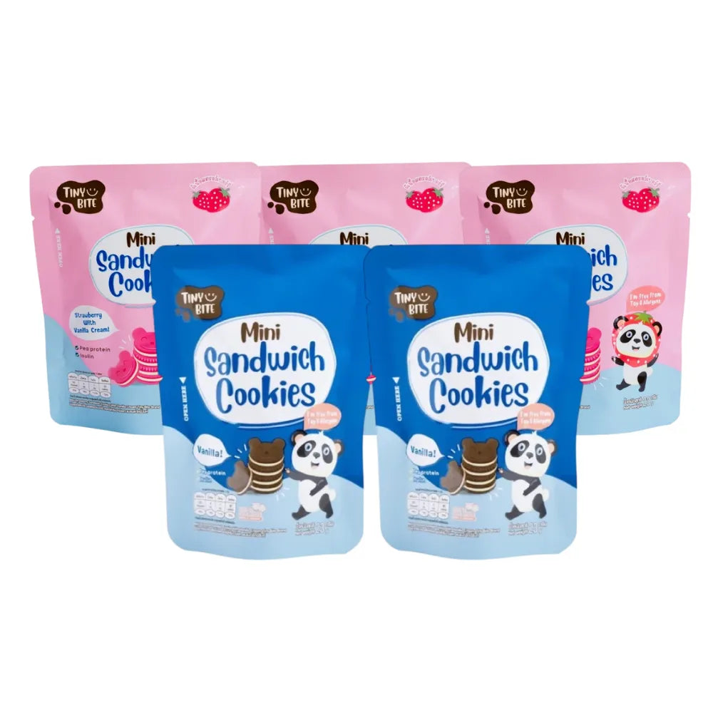 Mini sandwich cookies from Tiny Bite, showing layered snack confectionery with creamy filling and crispy cookie exterior.