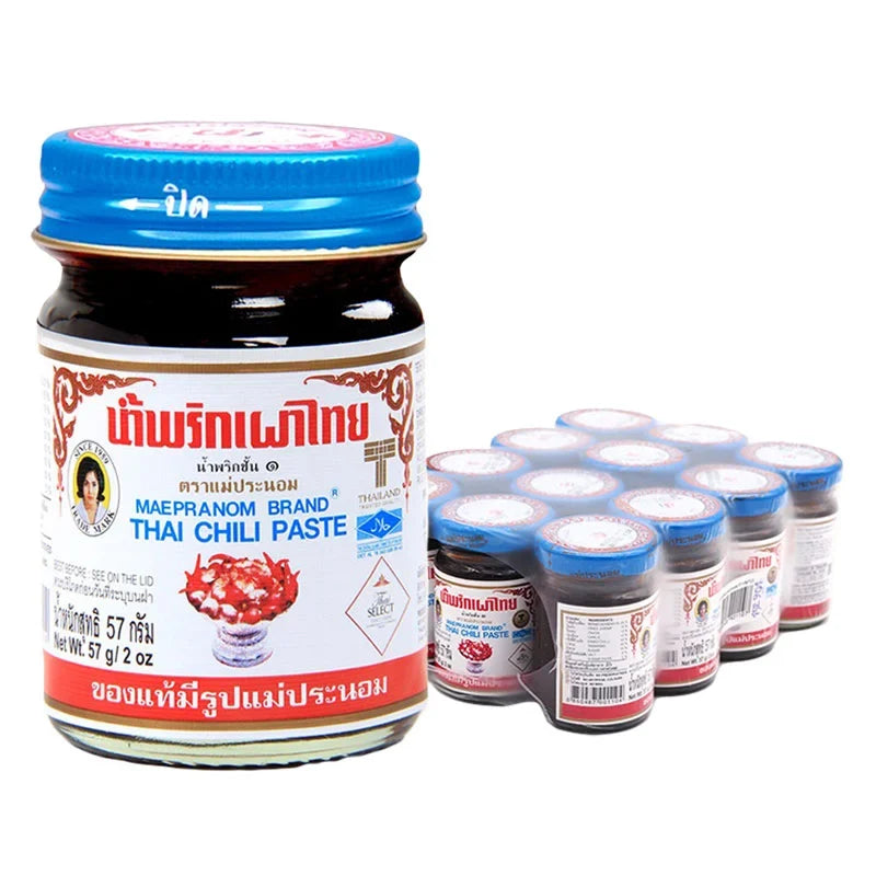 Maepranom Chili Paste 57g, a popular Thai dry grocery product, shown in a twelve-pack with vibrant red chili paste in jars.