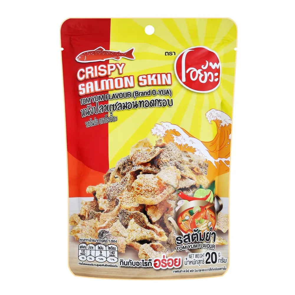 O-yua Fish Skin Crispy Fried Salmon Tom Yum flavor snack in a 20g package, showing the crunchy fish skin with spicy Tom Yum seasoning