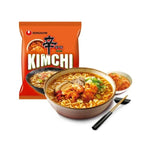 NONGSHIM Shin Samyun Kimchi dry grocery package with spicy instant noodle soup in a black bowl on a wooden table