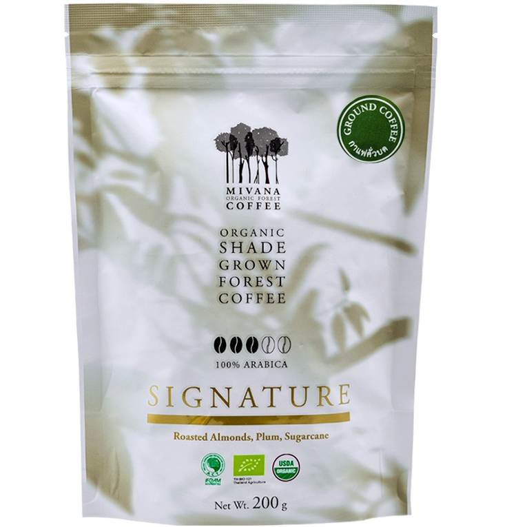 Mivana Organic Roasted Signature Ground Coffee for brewing, dark roasted, aromatic coffee grounds in a bag.