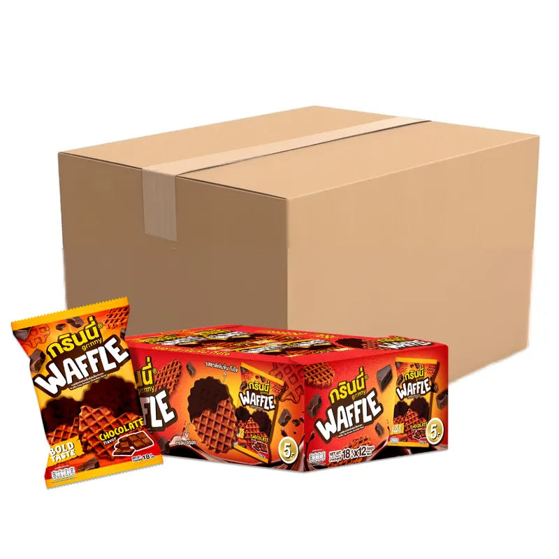 Grinny Waffle Crisp Extreme Chocolate Flavor snack pack, 18g x12, crispy waffle treats with rich chocolate flavor in a transparent package.