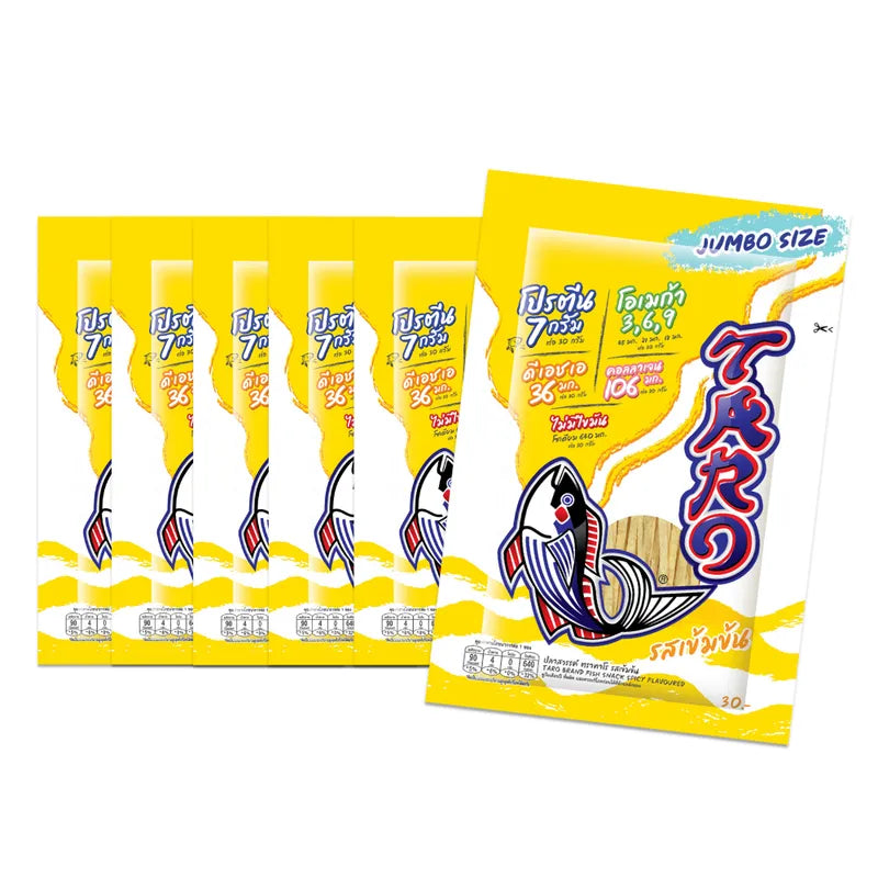 TARO Taro Fish Snack Spicy Flavored 30g pack, spicy dried fish snack in a clear bag, six packs in total.
