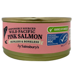 Sainsbury's pink salmon fillet, skinless and boneless, fresh seafood for healthy meals, shown in a grocery store display.