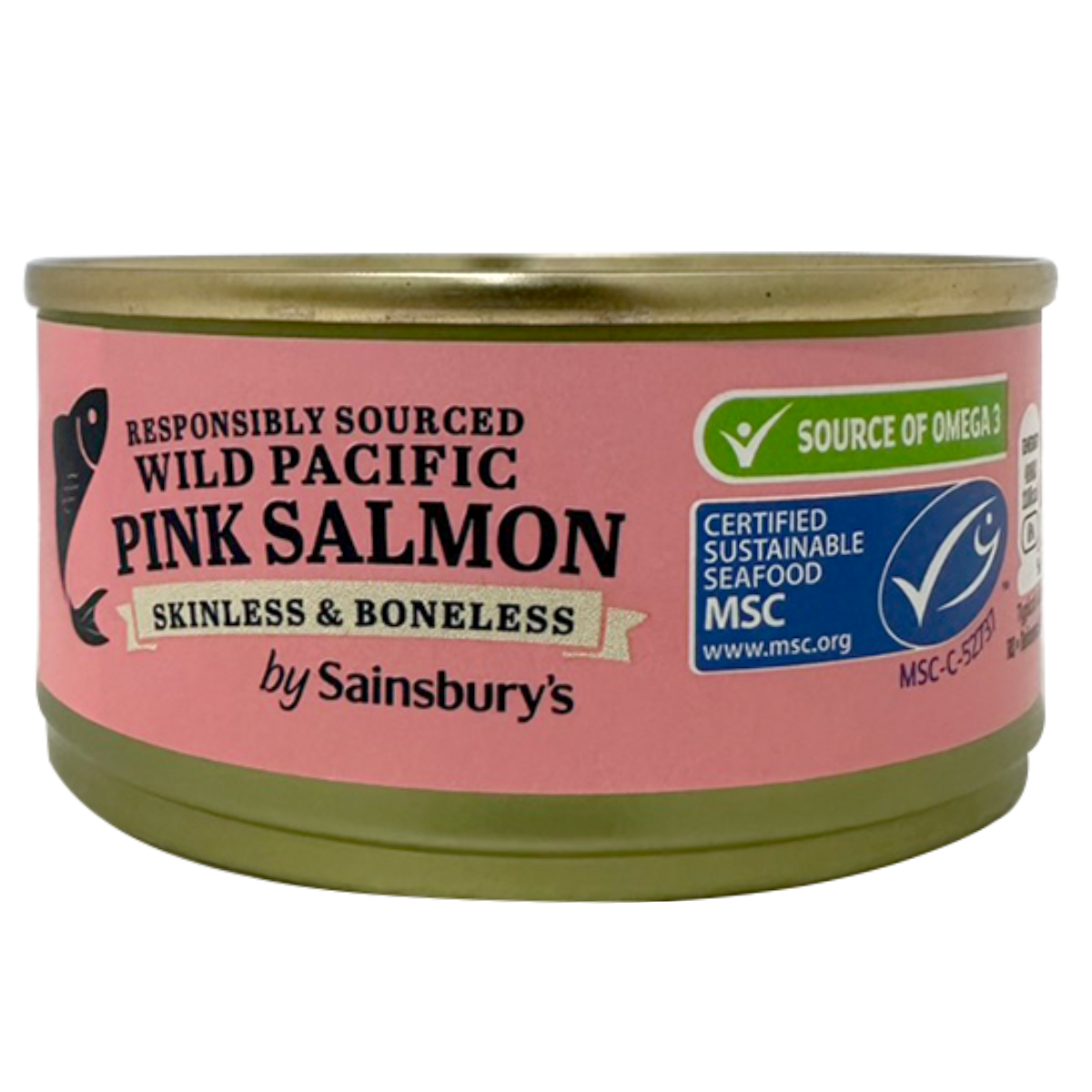 Sainsbury's pink salmon fillet, skinless and boneless, fresh seafood for healthy meals, shown in a grocery store display.