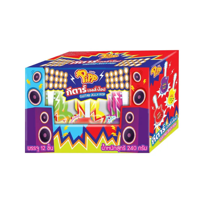 Pipp Jelly POP Lemon flavor snack pack with 12 pieces of 20g each, colorful fruit-flavored confectionery.