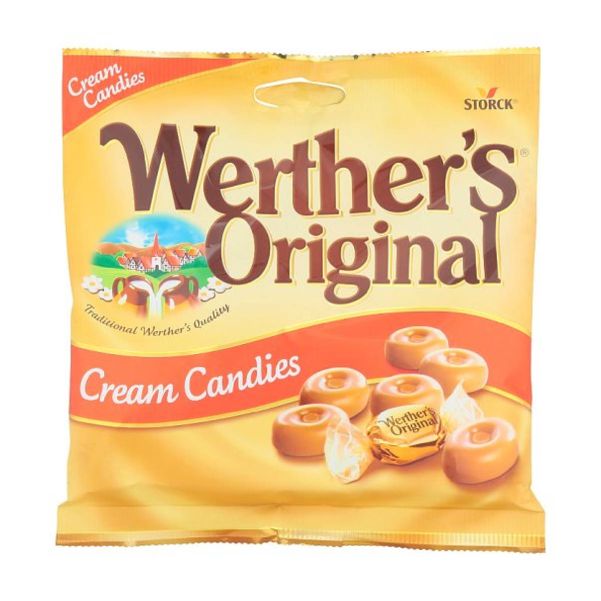 Werther's Original Butter Candy confectionery snack in a clear wrapper, showcasing its smooth, caramel-colored exterior.
