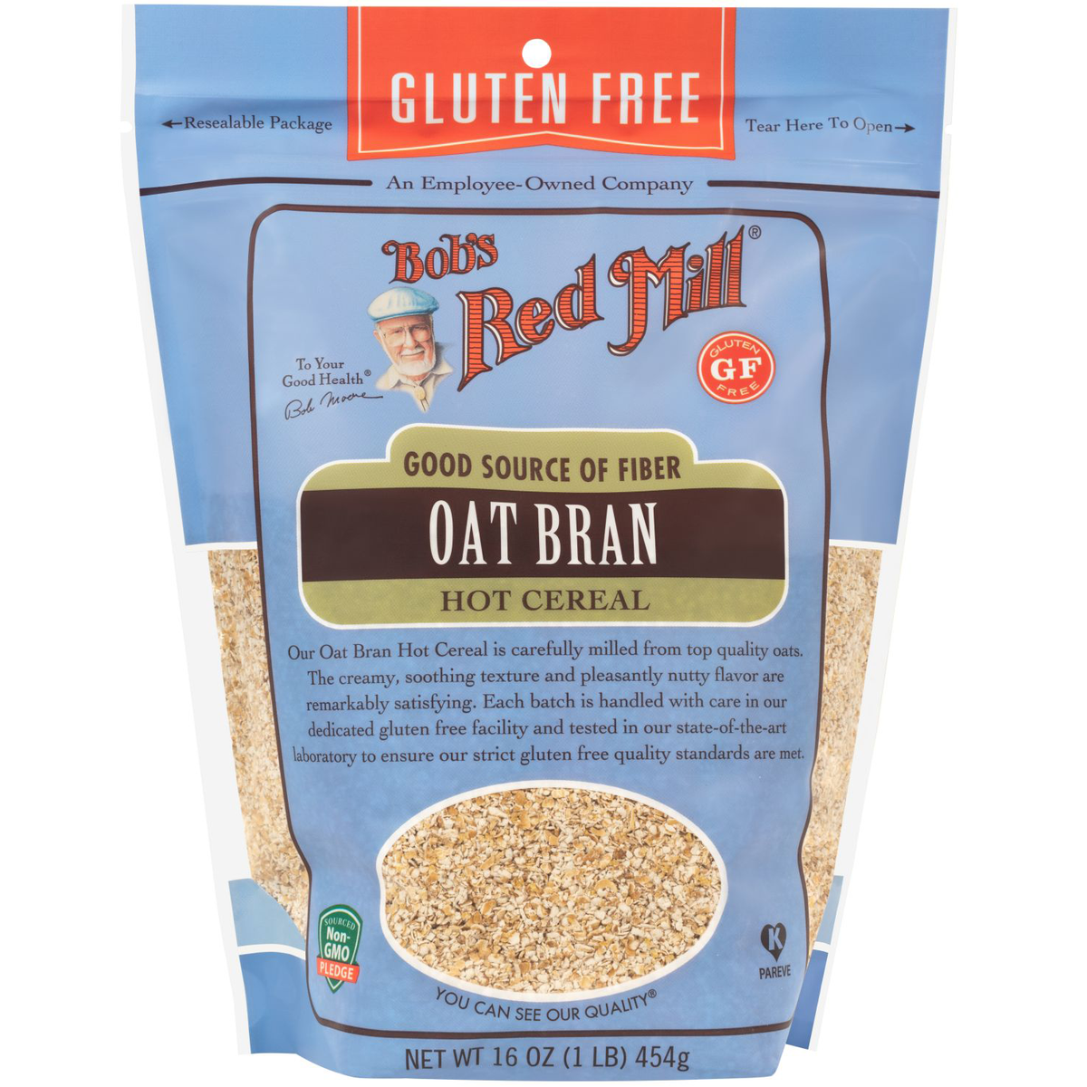 Bob's Red Mill gluten-free oat bran in a container, showing the product label and a close-up of the oat bran texture.