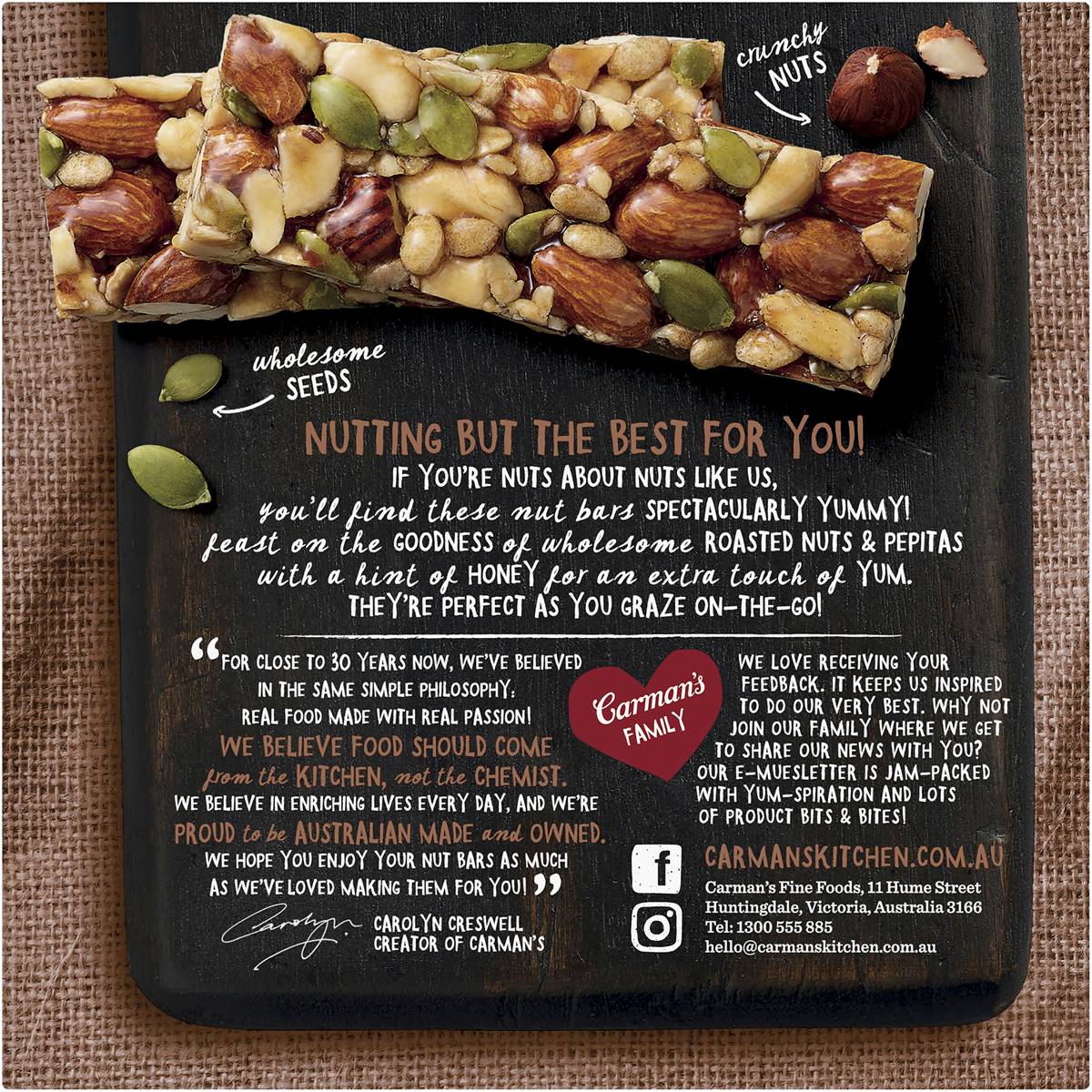Carman's Almond Hazelnut & Vanilla Nut Bar featuring crunchy almonds, hazelnuts, and vanilla flavor in a healthy snack bar