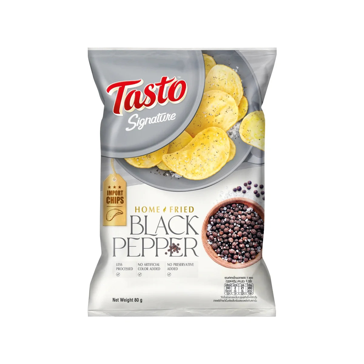 Tasto Signature Home Fried Black Pepper snack in 80g package, dry grocery snack with crispy texture and black pepper flavor.