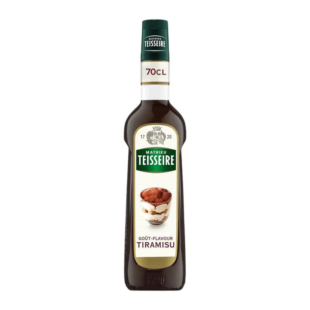 Mathieu Teisseire Tiramisu syrup 700ml bottle, ideal for desserts and beverages, features a colorful label with product details.