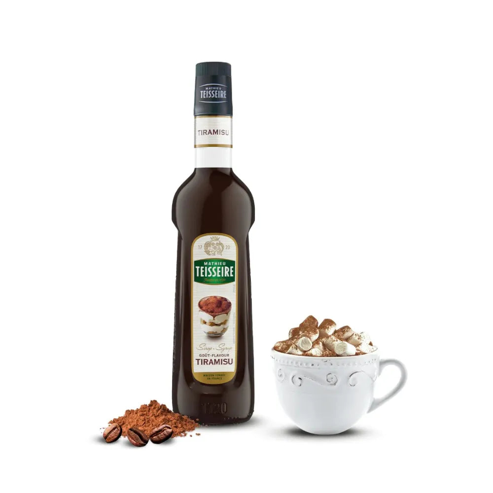 Mathieu Teisseire Tiramisu Syrup 700ml bottle, ideal for flavoring desserts and beverages, in a clear plastic bottle with a label.